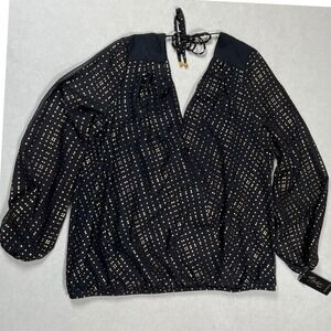 New Thalia Sodi Black Gold V-Neck Blouse Sz Large Polka Dot Sheer Sleeves NWT